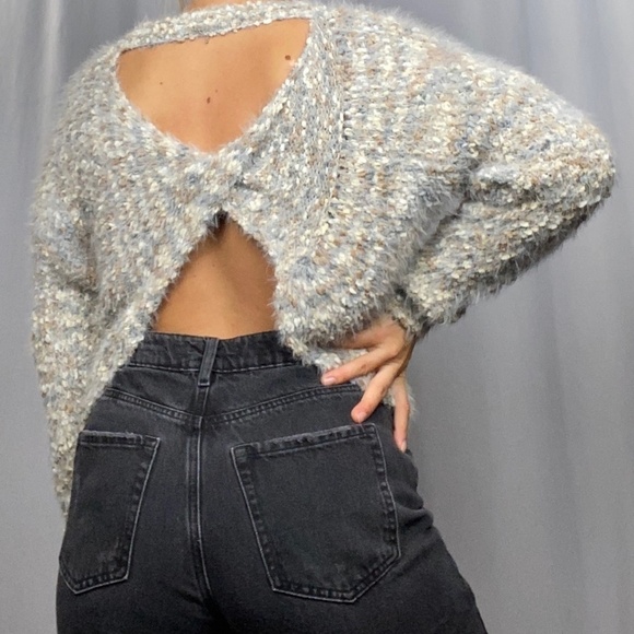 Anthropologie Sadie & Sage Grey Multi Speckled Eyelash Knit Sweater Open Back L - Picture 2 of 12